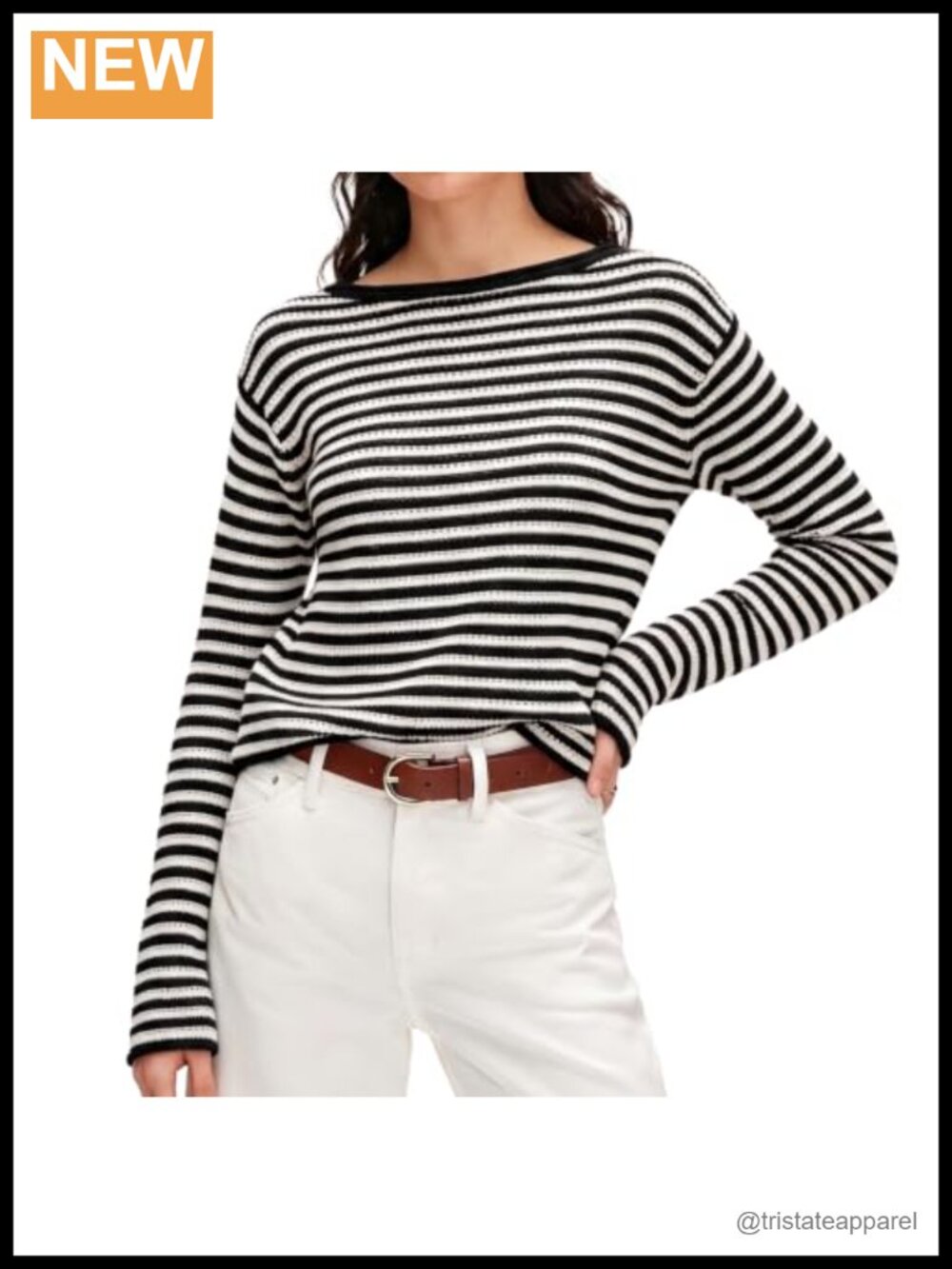 Womens Striped Cotton Cable Knit Boatneck Pullover Chunky Relaxed Sweater